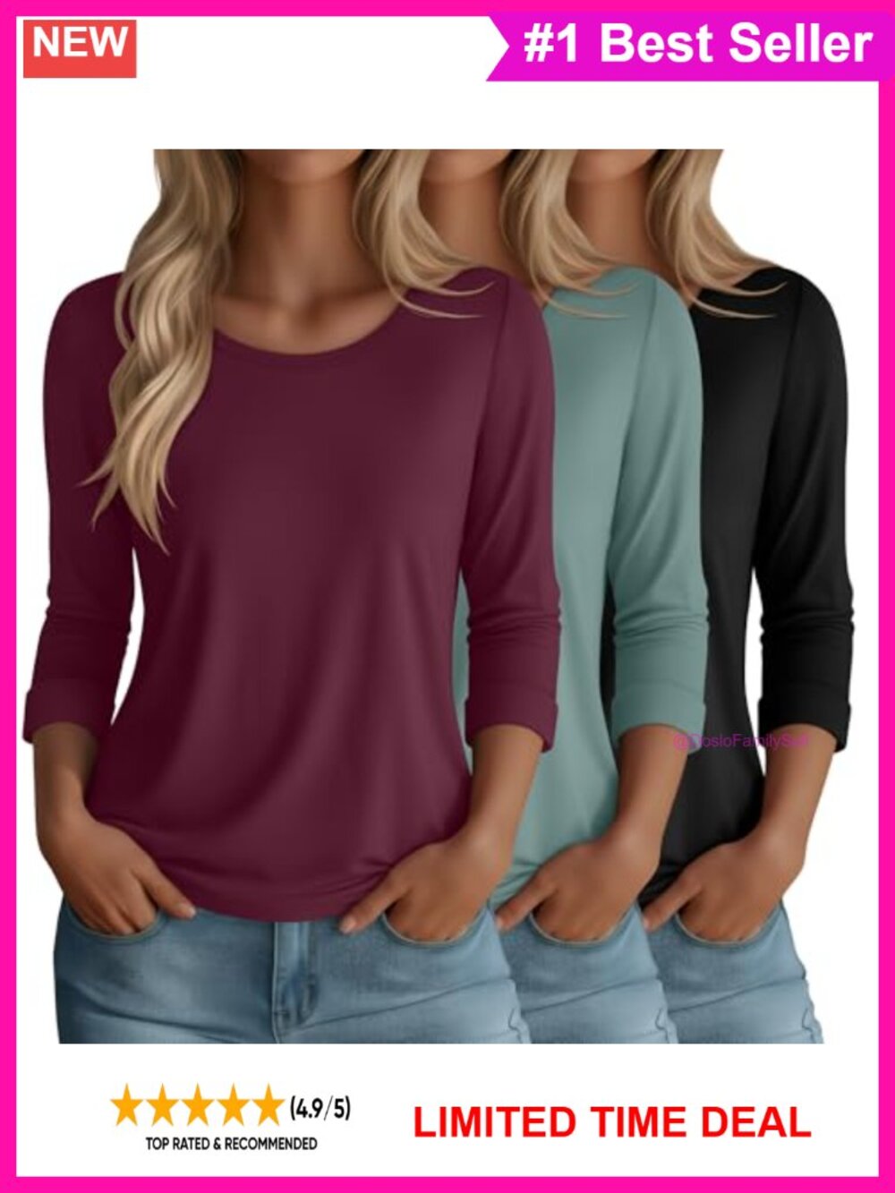 3 Pack 3/4 Sleeve Women's Tops Crew Neck Shirts Loose Fit